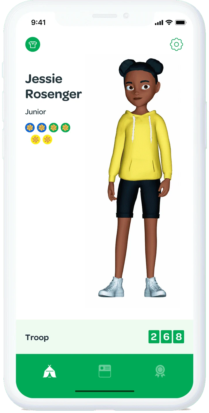 Animated avatar customization screen for a Girl Scout named Jessie, a Junior in Troop 268