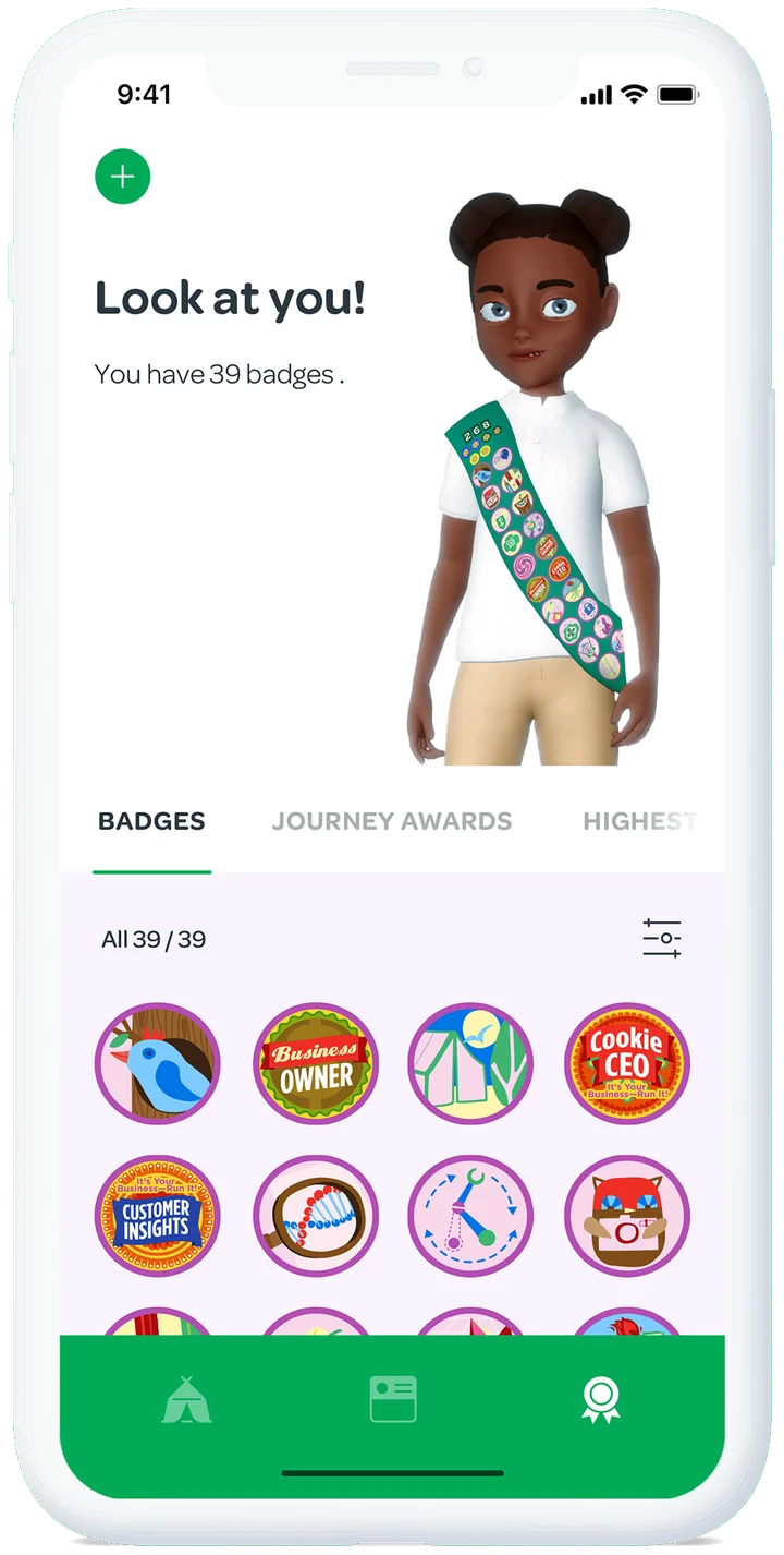 Badges screen showing an avatar with a sash and a grid of 39 earned badges