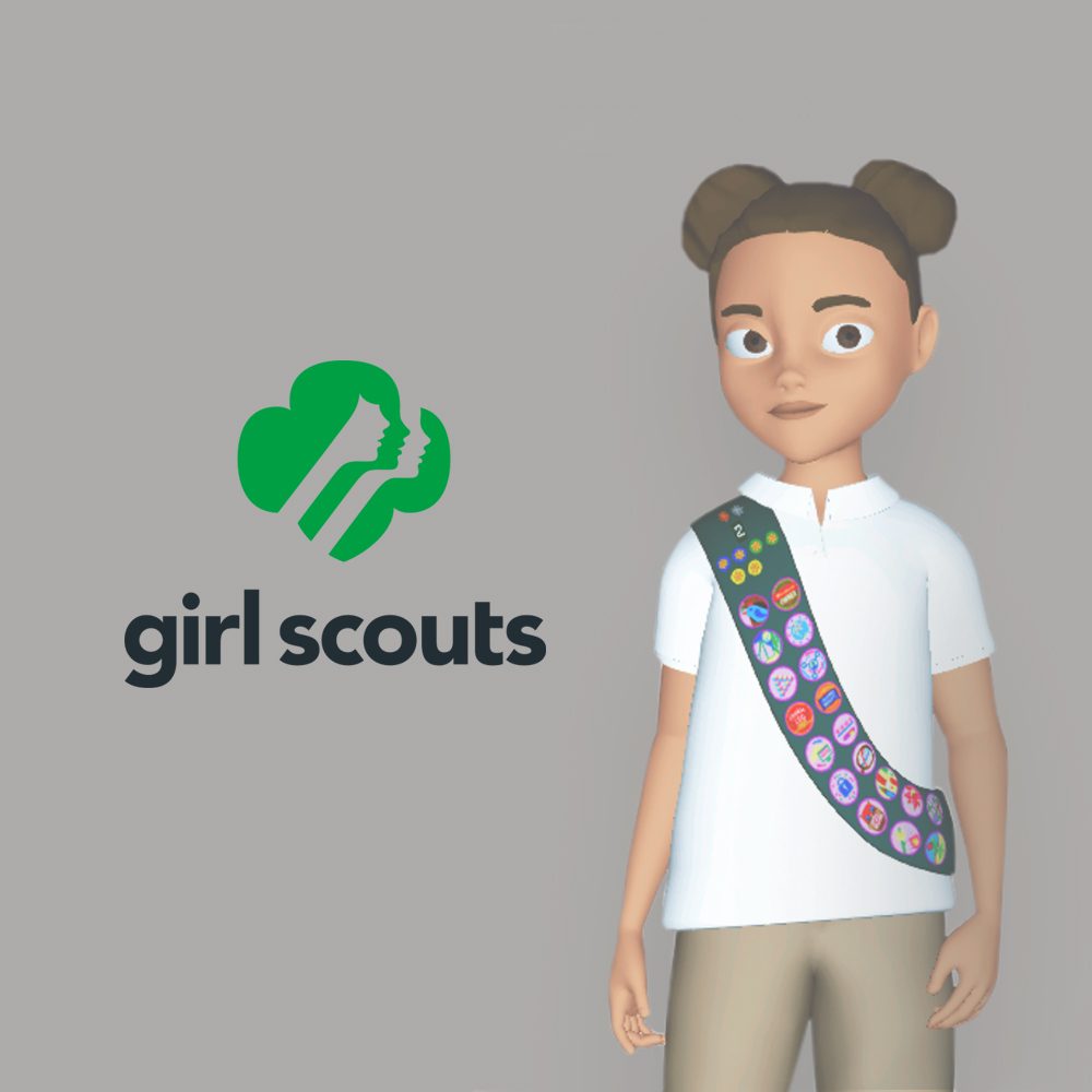 Girl Scouts logo beside a 3D Girl Scout avatar wearing a badge sash