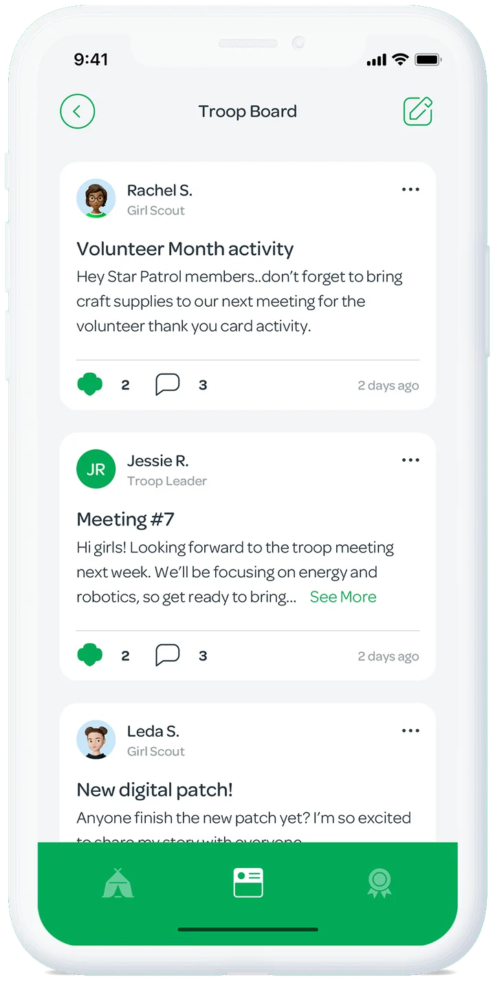 Troop Board screen with posts from Girl Scouts and a troop leader
