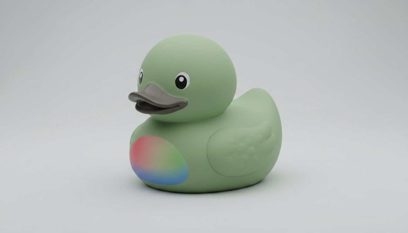 Teplo, a sage-green bath duck whose chest panel glows green, red or blue to show water temperature
